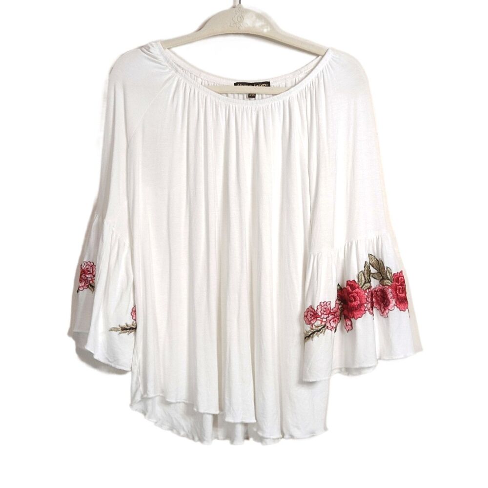 Always Indigo Floral Embroidered Tunic Womens 1X White Raglan Romantic Roses Y2K
